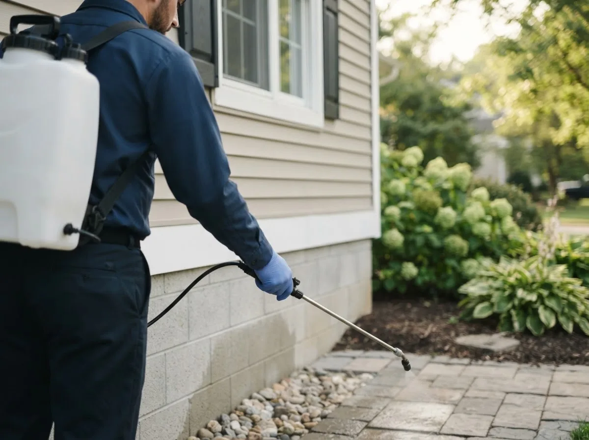 Pest control technician inspecting a home in Perrysburg, NY